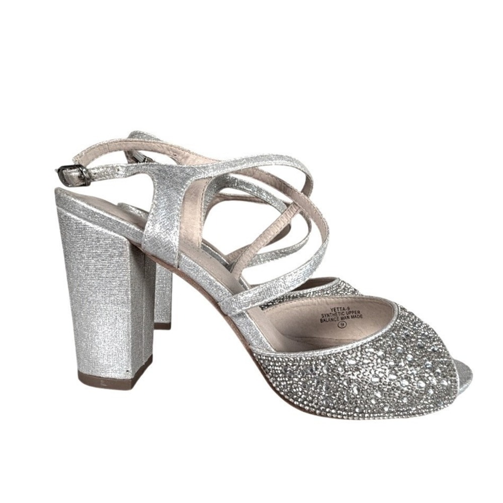 BLOSSOM Silver Glitter Rhinestone Block Heel Sandals Women's Size 9